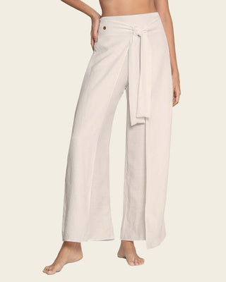 Pantalón playero tipo lino anudable en el frente#color_000-blanco