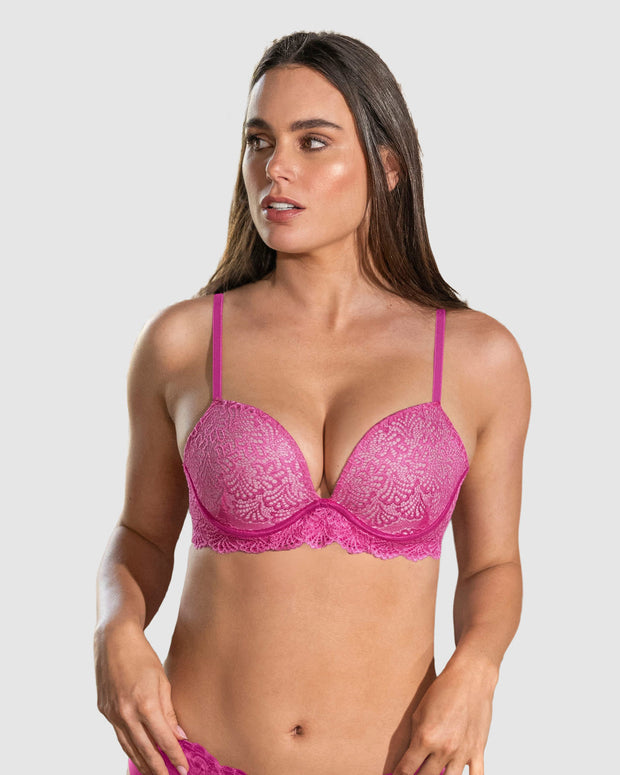 Sujetador doble push up escote profundo elaborado en encaje#color_338-fucsia