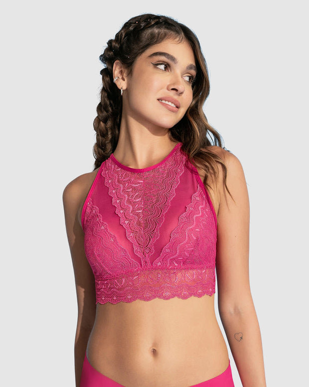 Bralette de cuello alto tipo crop top sin estructura#color_333-fucsia