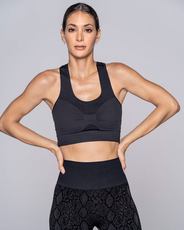 Top deportivo sin costuras doble faz#color_701-estampado-piton-negro